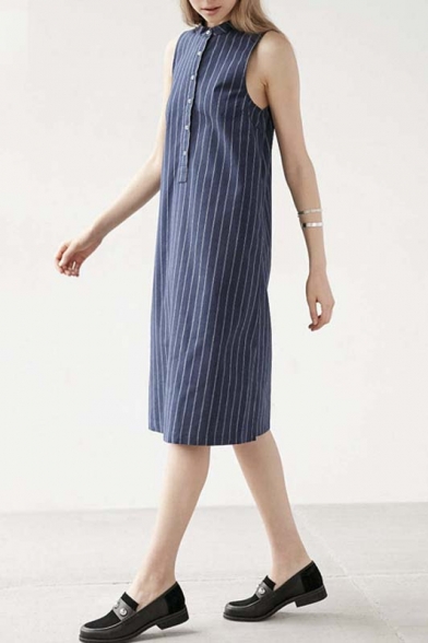Shift High Neck Sleeveless Striped Simple Style Midi Dress