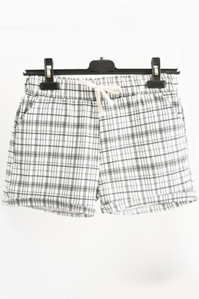 Fashion Women Drawstring Check/Striped Print Cuffed Shorts