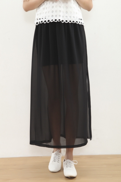 Fashion Women Elastic Waist Plain Mesh Side/Double Slit Ankle-length Skirt