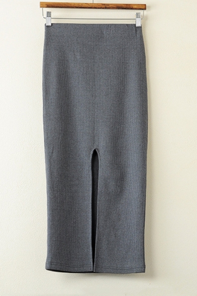 Fashion Women Plain Slit Hem Tea-length Pencil Skirt