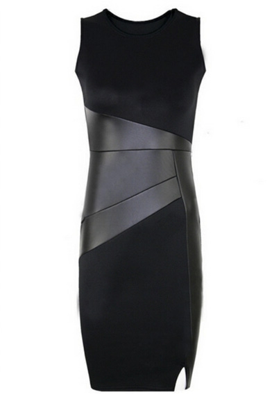 Sexy Black Round Neck Sleeveless Patchwork Bodycon Midi Dress