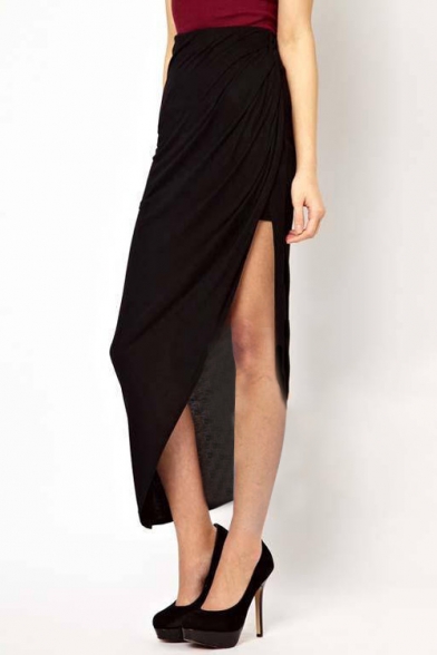Fashion Women Side Draped Asymmetrical High Low Pencil Skirt