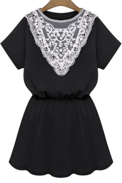 Short Sleeve Elastic Waist A-Line Mini Dress With Lace Embellish