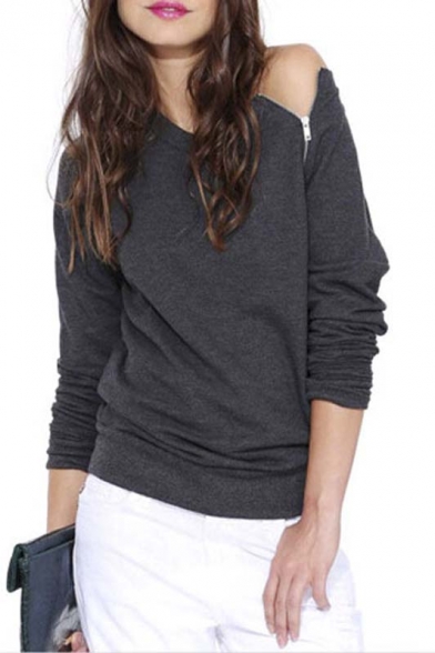 Women's Cold Shoulder Long Sleeve Zip Detail T-shirt