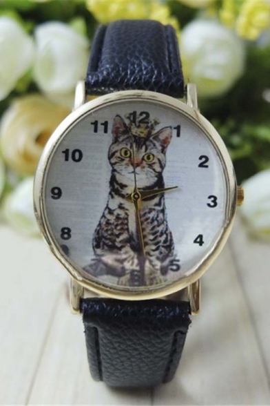 Cat Pattern Young Style Casual Leather Quartz Water Resistance Watch
