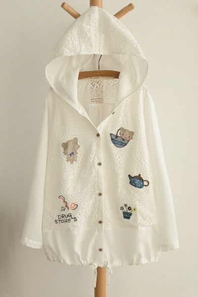 Popular Summer Sunscreen Casual Hooded Button Down Long Sleeve Chic Thin Coats With Lace Embellish