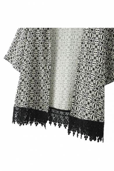 Women Flowy Sheer Crop Sleeves Loose Chiffon Kimono Cardigan Blouse Top