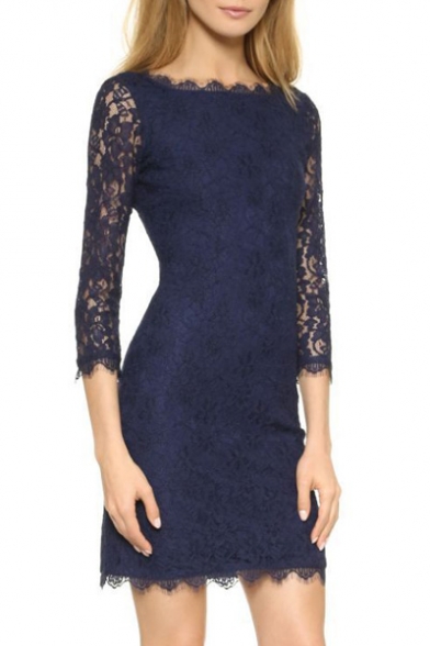 3/4 Sleeve Full Zip Back Short Lace Cocktail Dress