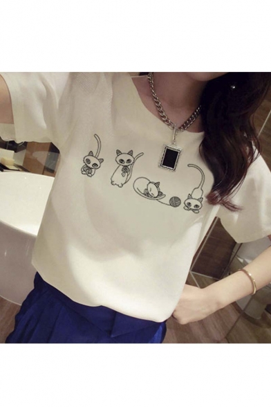 Chic Cat Print Round Neck Short Sleeve Casual Tee