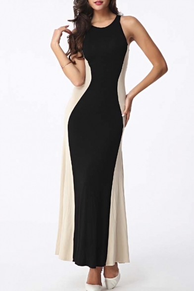 Elegant Sleeveless Color Block A-Line Maxi Chic Dress