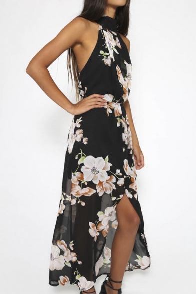 Summer Floral Print Split Front Chiffon Maxi Dress