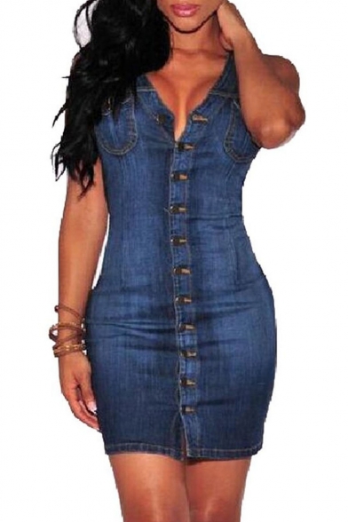 Wommen's Sexy Sleeveless Slim Front Button Denim Bodycon Party Dress