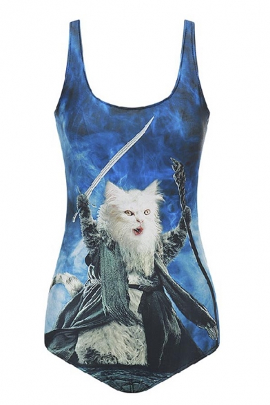 3D Outer Space Cat Print Square Neck One Piece Swimwear