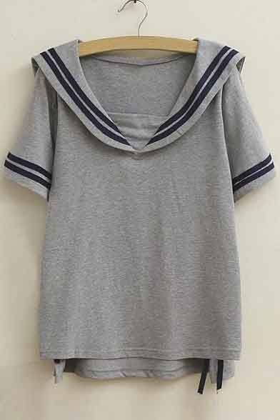 Striped Trim V-Neck Short Sleeve Loose Casual Tee