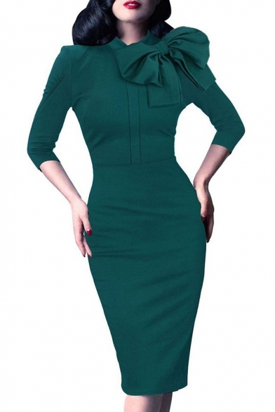 Women's 1950s Retro 3/4 Sleeve Bow Cocktail Party Evening Dress Work Pencil Dress