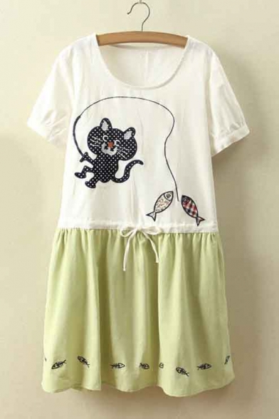 Color Block Scoop Neck Short Sleeve Cat Embellish Drawstring Waist Mini Dress