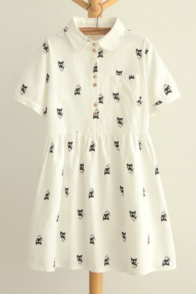 Kawaii Cat Print Lapel Short Sleeve A-Line Women's Dress