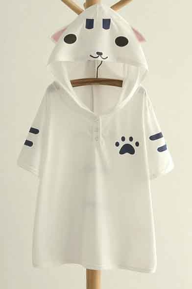 Cute Cat Print Hooded Short Sleeve Loose Tee