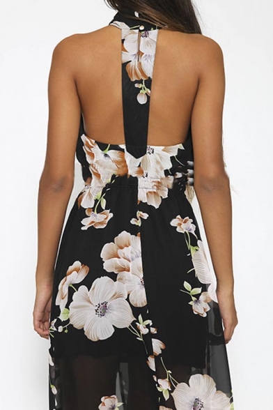 Summer Floral Print Split Front Chiffon Maxi Dress
