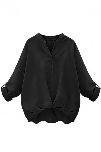 Women's Long Sleeve Stand Collar Solid Color Loose Shirt