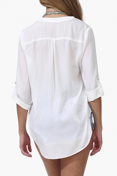 Womens V Neck Blouses Solid Loose Casual Cuffed Sleeve Shirt Top