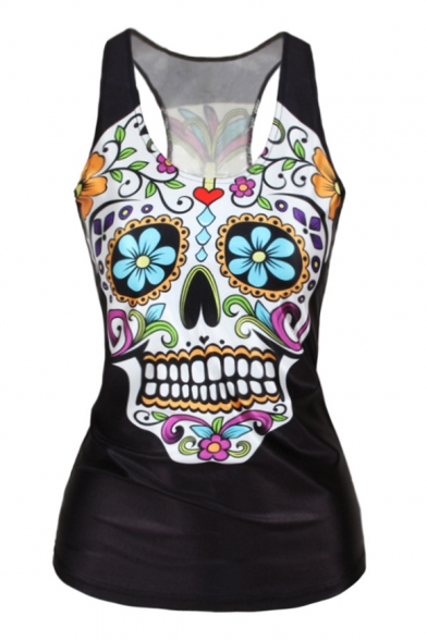 Women's Fashion Skull Flower Death Top Sleeveless T-shirt