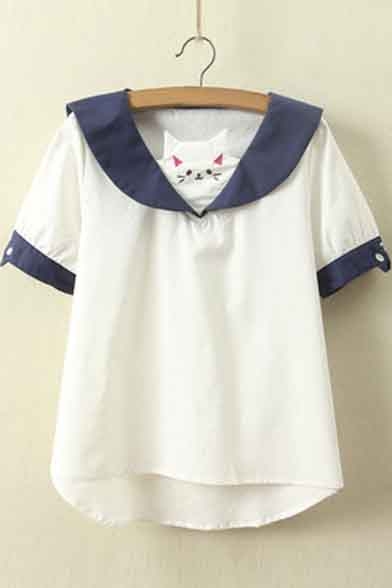 Funny Cat Embellish Contrast Collar Short Sleeve Cute Blouse