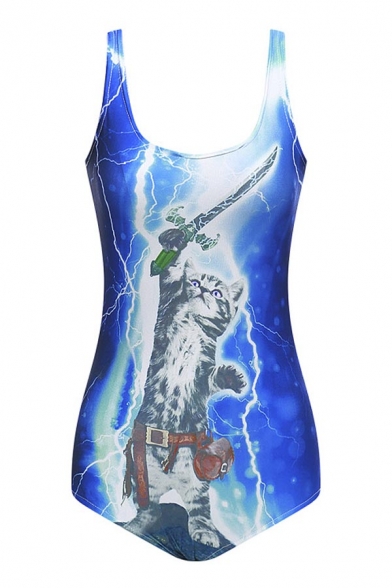 Hot 3D Outer Space Cat Print Square Neck One Piece Swimwear