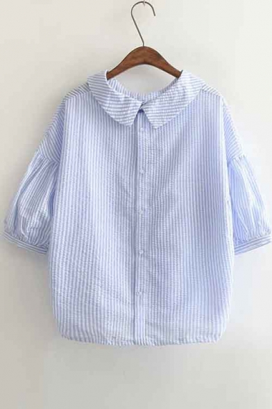 Popular Button Down Lapel Half Sleeve Striped Chic Blouse&Shirts