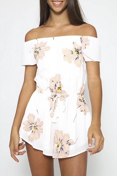 Women's Summer Sexy Off the Shoulder Drawstring Waist Floral Rompers