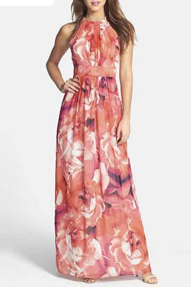 Elegant High Neck Sleeveless Floral Print Maxi Chic Dress