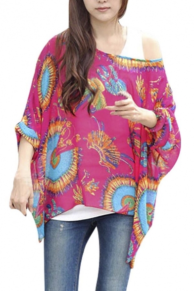 Lady Batwing Sleeve Floral Prints Semi Sheer Chiffon Oversize Shirt