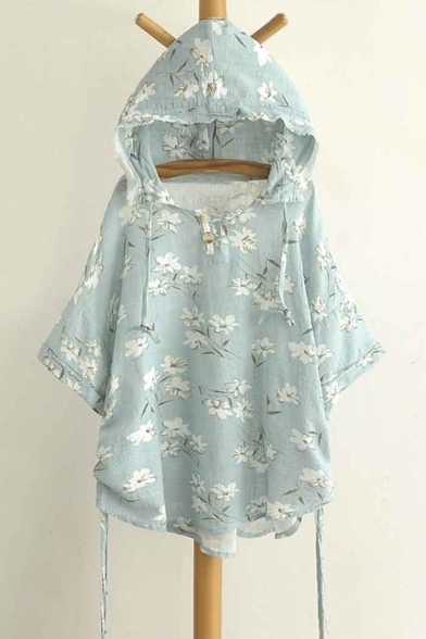 Young Style Hlaf Sleeve Floral Print Hooded Lenin Top
