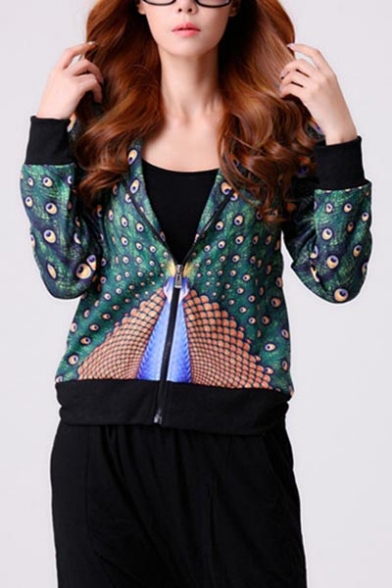 Special Peafowl Print Long Sleeve Hoodied Zipper Front Chic Coats