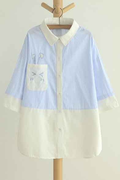 Cute Lapel Color Block Half Sleeve Cartoon Embellish Button Down Blouse&Shirts