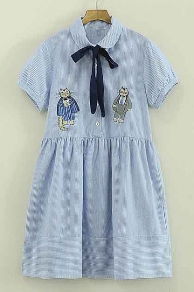 Cute Lapel Short Sleeve Cartoon Embellish Somck Dress