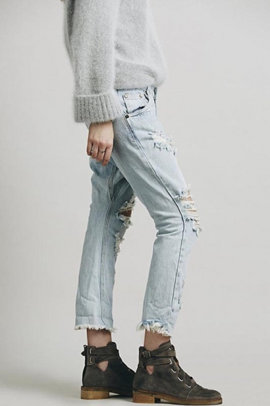 Fashionable High Rise Ripped Knee Boyfriend Jeans