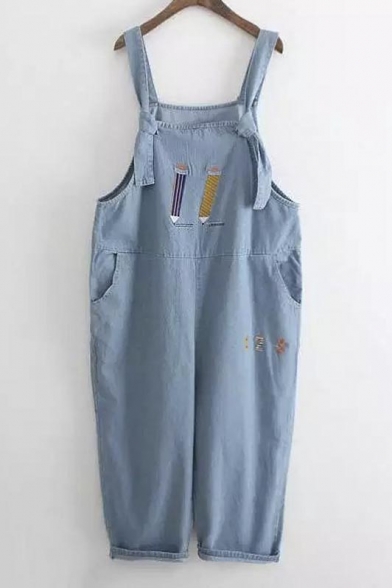 Funny Pencil Embroidery Casual Denim Overall Pants