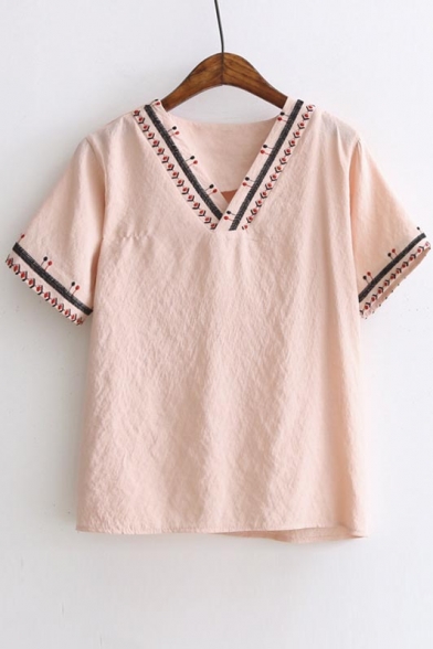 Special Trim Embroidery V-Neck Short Sleeve Casual Top