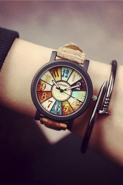 Trendy Color Block  Dial Leather Strap Watch