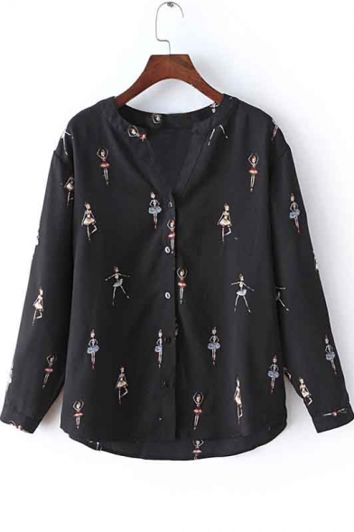 Elegant Long Sleeve Girls Print Button Down Blouse&Shirts