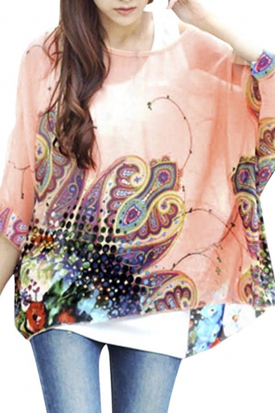 Lady Batwing Sleeve Floral Prints Semi Sheer Chiffon Oversize Shirt