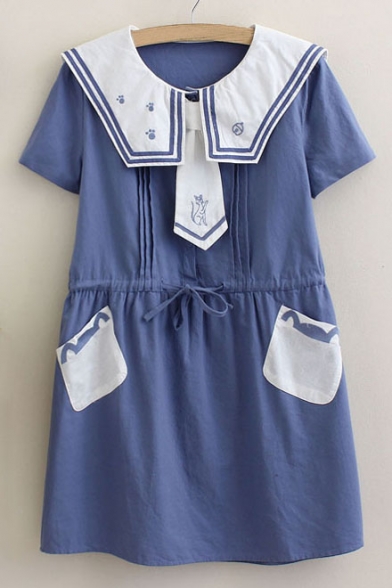 Chic The Navy Style Short Sleeve Pockets Embellish Casual Mini Dress