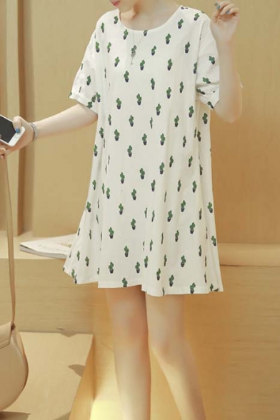 Hot New Release Cactus Pattern Round Neck Short Sleeve Loose Mini Dress