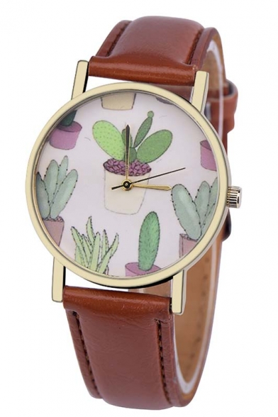 Cactus Pattern Young Style Casual Leather Quartz Water Resistance Watch