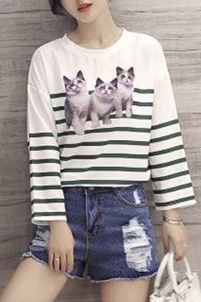 Chic Round Neck Long Sleeve Cat Print Striped Crop Tee