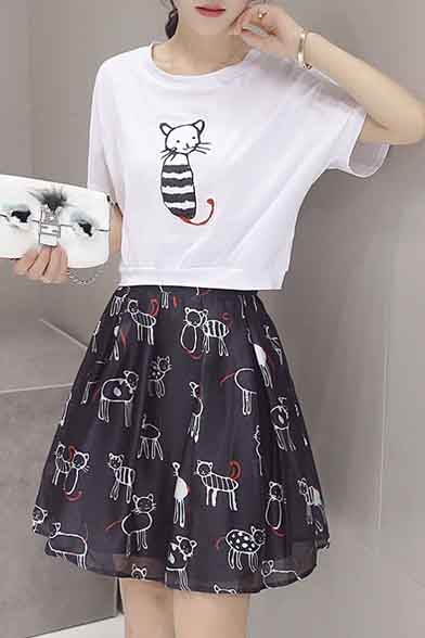 Cute Cartoon Cat Short Sleeve Tee A-line Skirt Suits