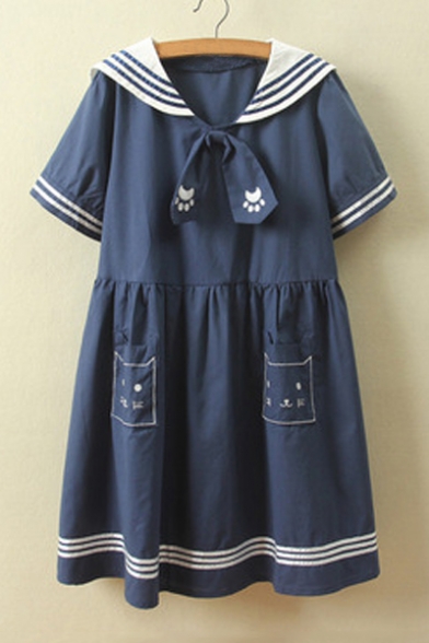 Kawaii Cat Embroidery Lapel Short Sleeve Cute Dress