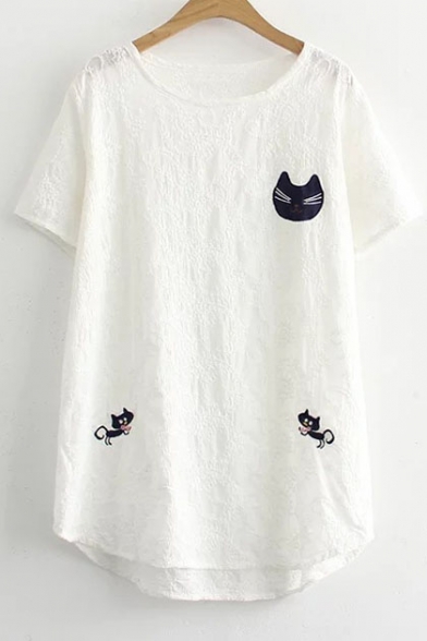Kawaii Cat Embroidery Round Neck Short Sleeve Casual Top