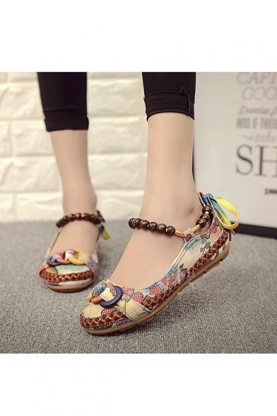 Women Casual Flats Lace Up Beading Round Toe Colorful Comfortable Flats Loafers Shoes
